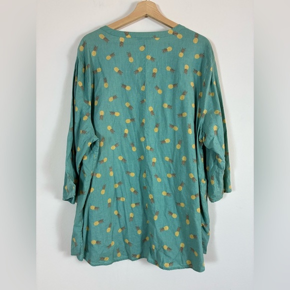 Catherines Tunic Top Womens 2X Pineapples Linen Blend Button Up Teal - Picture 3 of 7